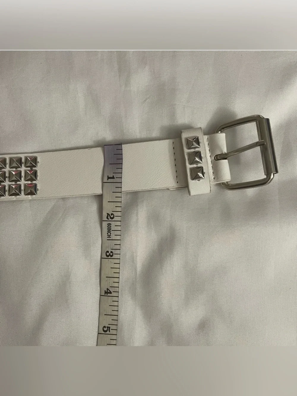 White PU leather silver tone studded belt